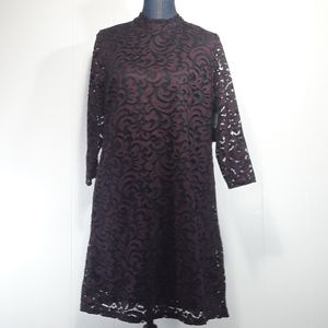 Wine w black lace overlay midi dress